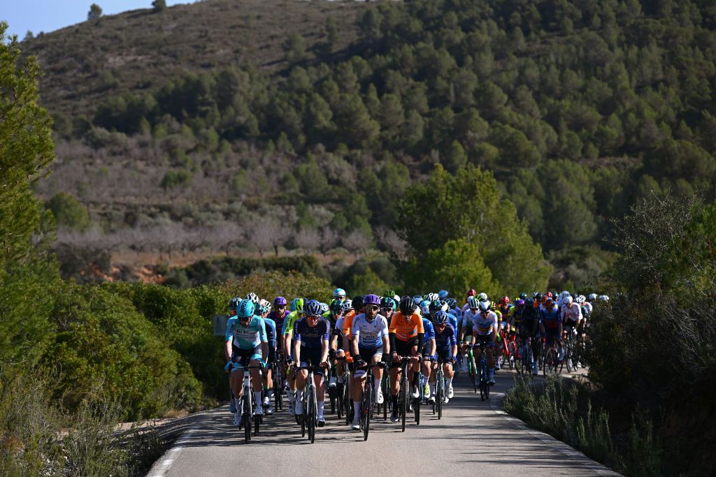 CASTELLON SPAIN JANUARY 31 LR Samuele Zoccarato of Italy and Team VF GroupBardiani CSF Tyler Stites of The United States and Team Project Echelon and Georgios Bouglas of Greece and Team BurgosBH lead the peloton during 75th Volta a la Comunitat Valenciana 2024 Stage 1 a 167km stage from Benicassim to Castellon de la Plana on January 31 2024 in Castellon Spain Photo by Dario BelingheriGetty Images