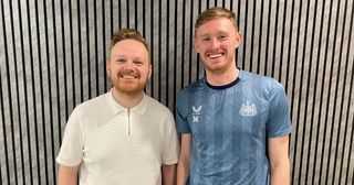 FourFourTwo's Deputy Editor Matt Ketchell with Newcastle United's Sean Longstaff at the Newcastle United Training Centre in February 2024