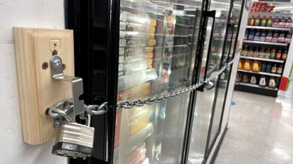 A padlocked freezer at a Walgreens