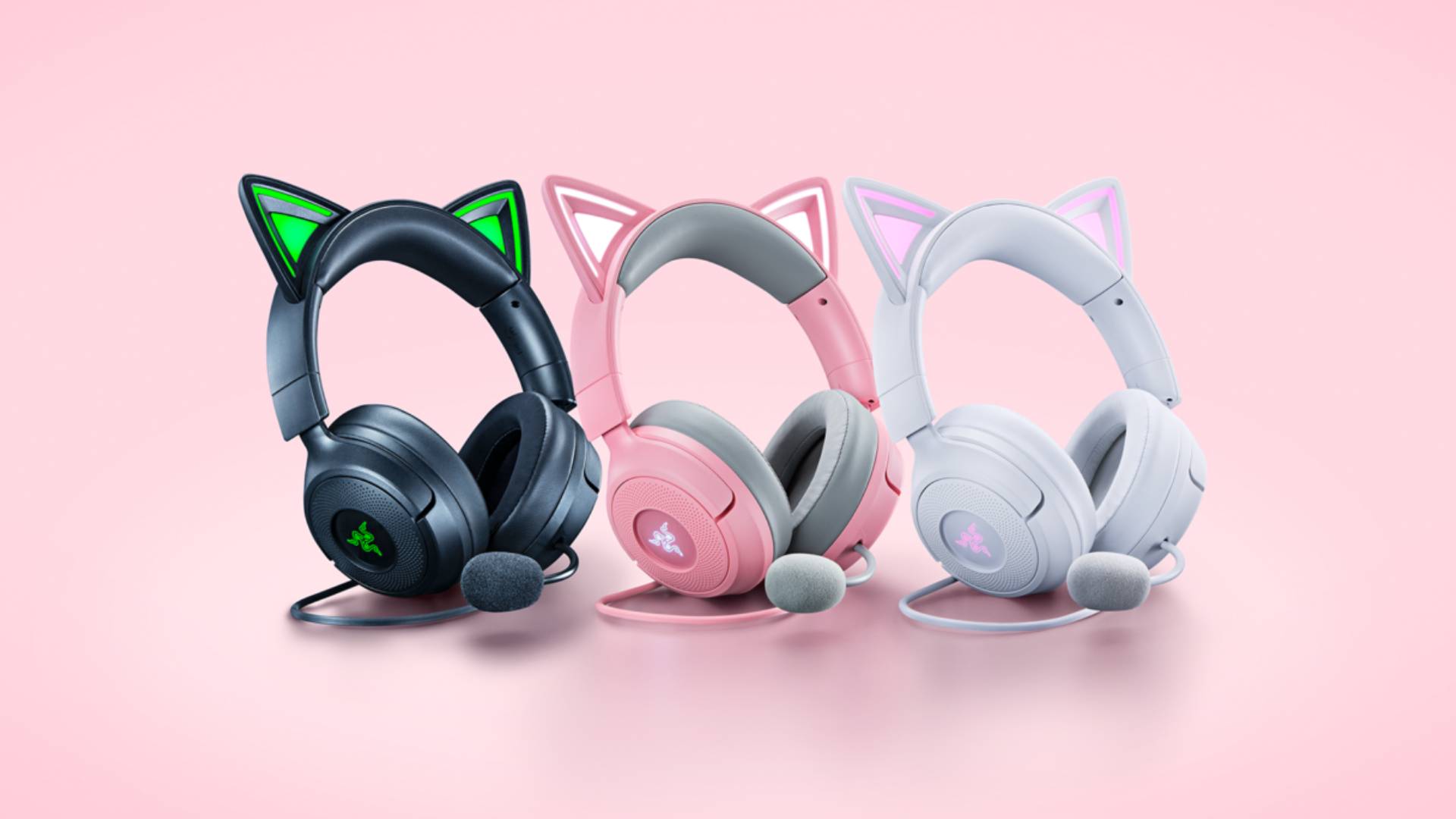 Marketing image of all three models of the Razer Kraken Kitty V3 headset.