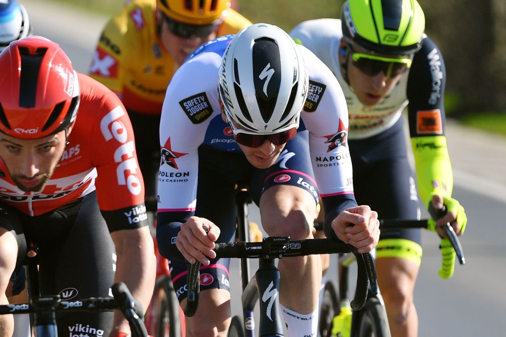 KOKSIJDE BELGIUM MARCH 18 Mauro Schmid of Switzerland and Team QuickStep Alpha Vinyl competes in the chase group during the 20th Bredene Koksijde Classic 2022 a 2009km one day race from Bredene to Koksijde bredenekoksijde on March 18 2022 in Koksijde Belgium Photo by Luc ClaessenGetty Images