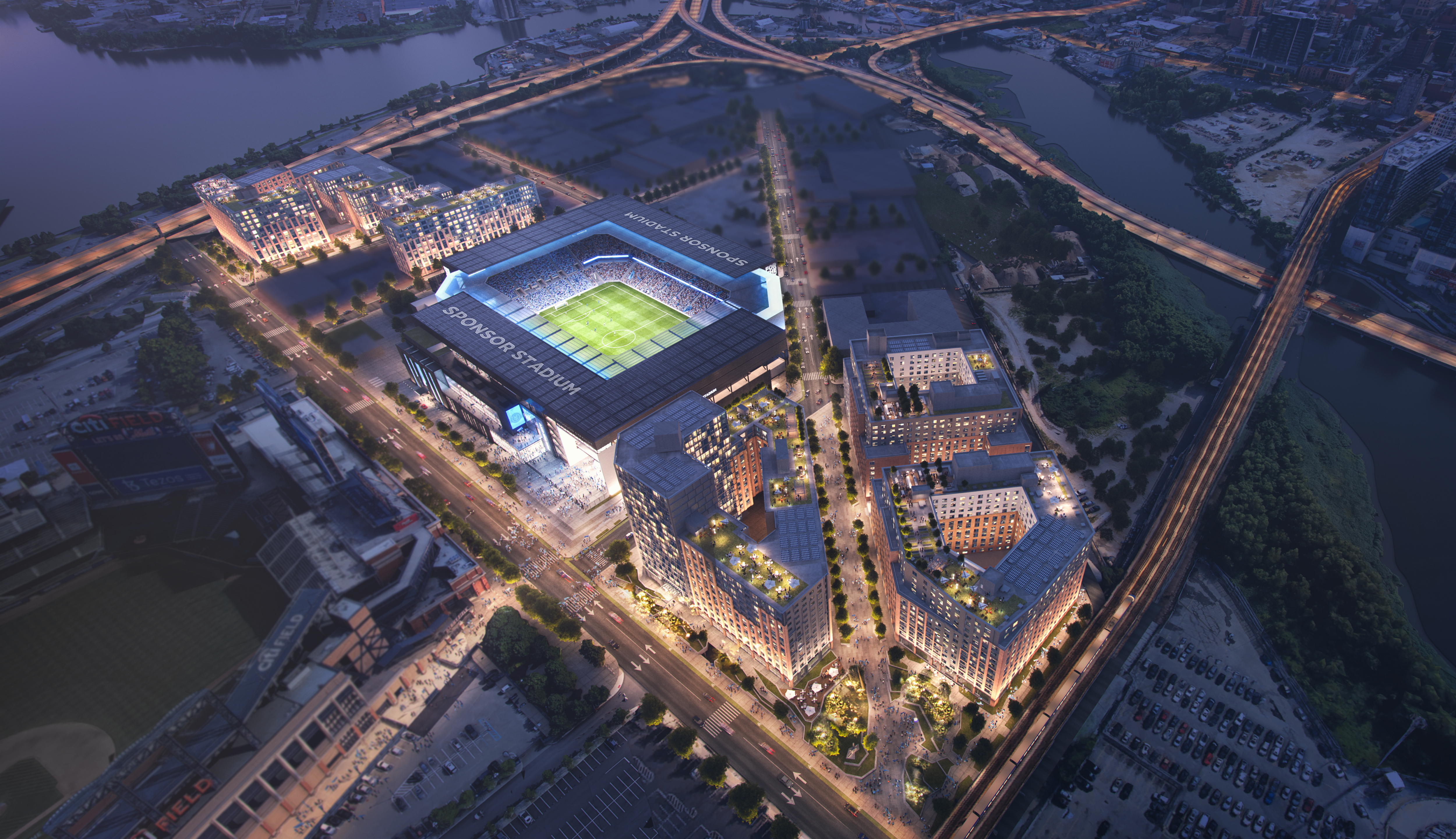 A CGI aerial shot of New York City FC's new stadium