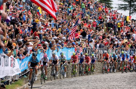 Tiesj Benoot (Belgium) leading the peloton up Libby Hill where the crowds came out in force