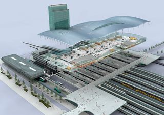 A graphical illusration of the train station with an aerial view from the top