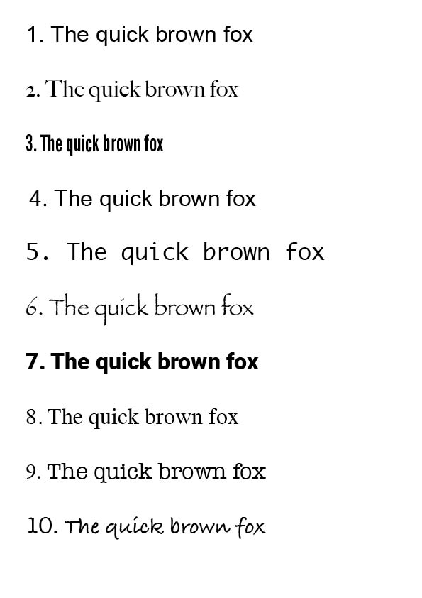 The sentence 'The quick brown fox' written in 10 different fonts