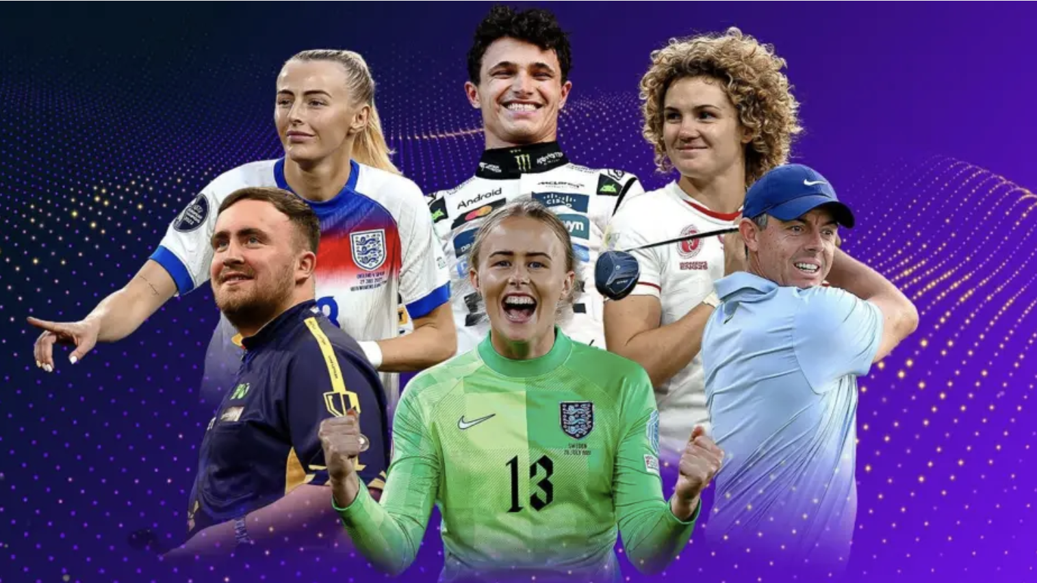 SPOTY Nominees including Chloe Kelly, Luke Littler, Rory McIlroy, Lando Norris, Ellie Kildunne and Hannah Hampton.