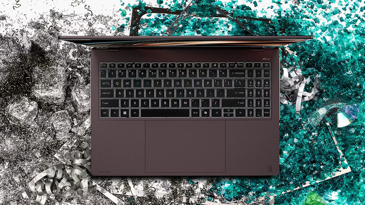 Acer Vero 16 laptop top-down view of keyboard