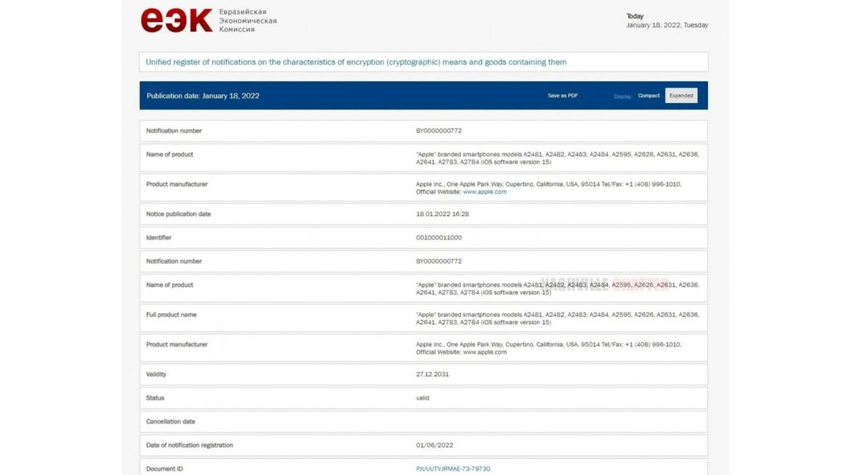 An EEC listing for unannounced iPhones