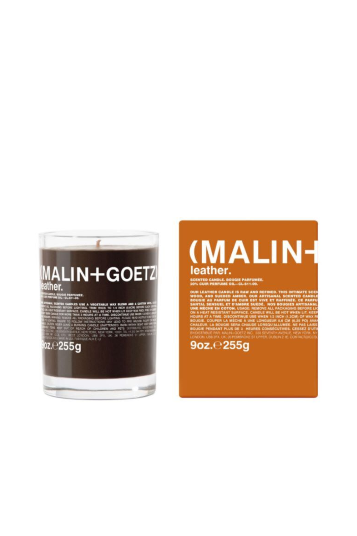 A leather candle by Malin + Goetz.