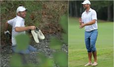 Wesley Bryan falls into a creek at the Sanderson Farms Championship