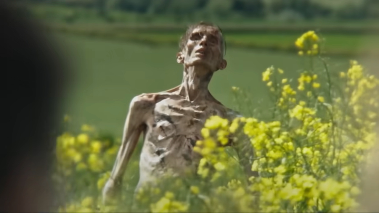 A Cillian Murphy looking Infected rises from a field in 28 Years Later.