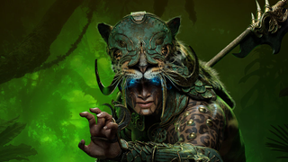 A jaguar-headdress wearing warrior with face paint, the spiritborn class from Diablo 4