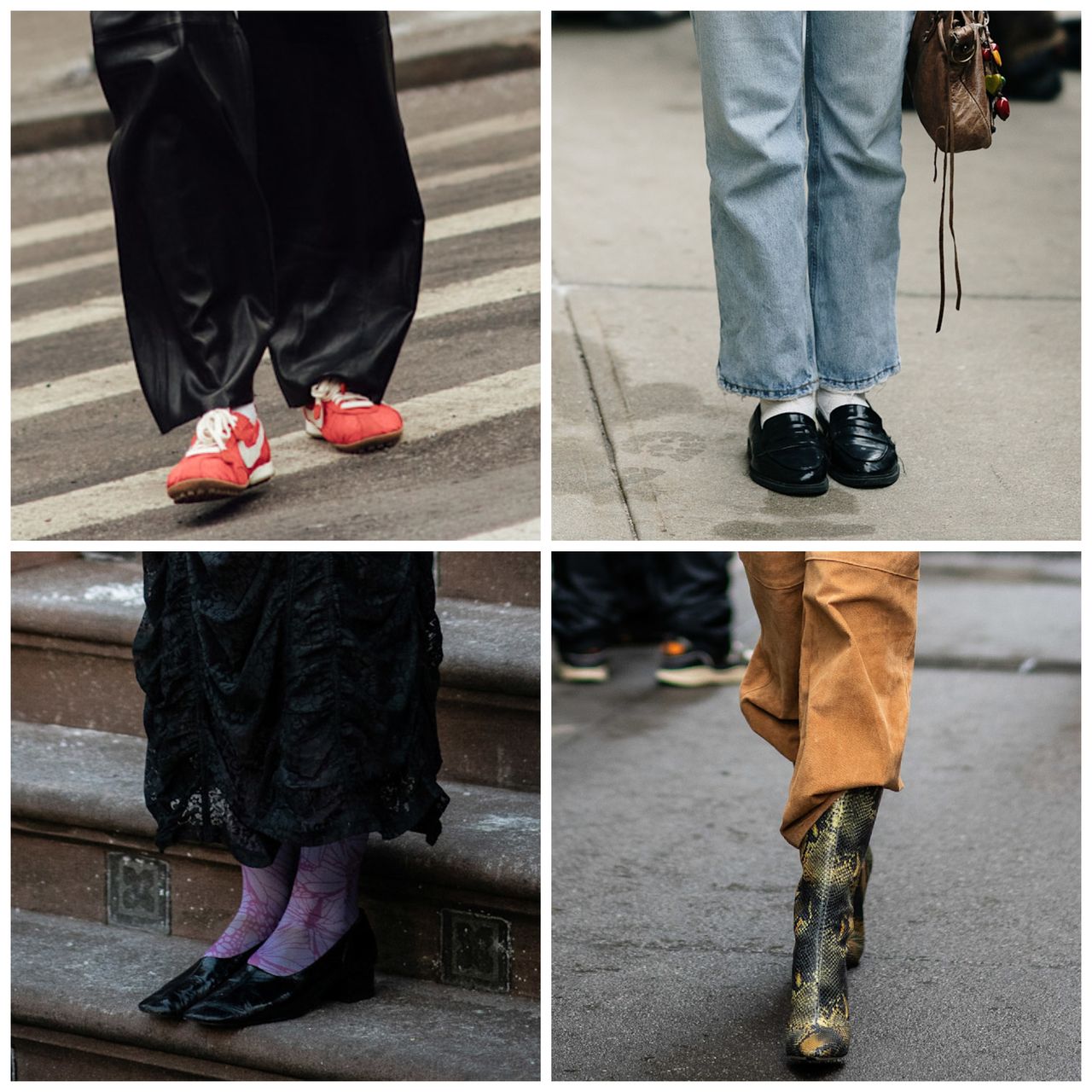 collage of new york fashion week attendees wearing spring shoe trends with white border