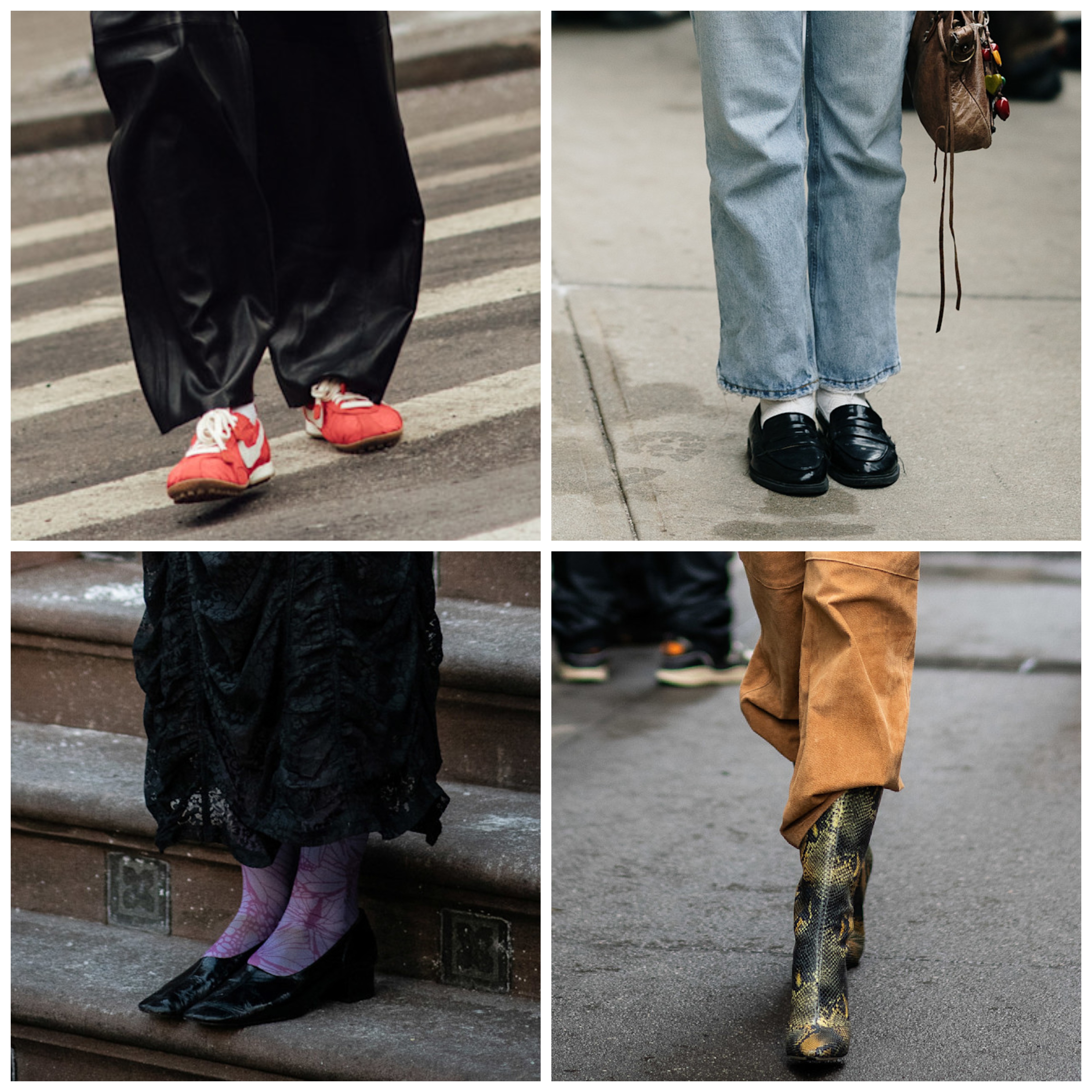 collage of new york fashion week attendees wearing spring shoe trends with white border
