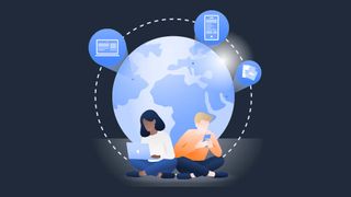 NordVPN graphic showing two people using their device for connecting across the globe