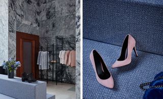 The photo to the left shows a room with a dark gray marble tiled wall with a clothes rack with shirts hung. The photo to the right shows pink suede stilettos.