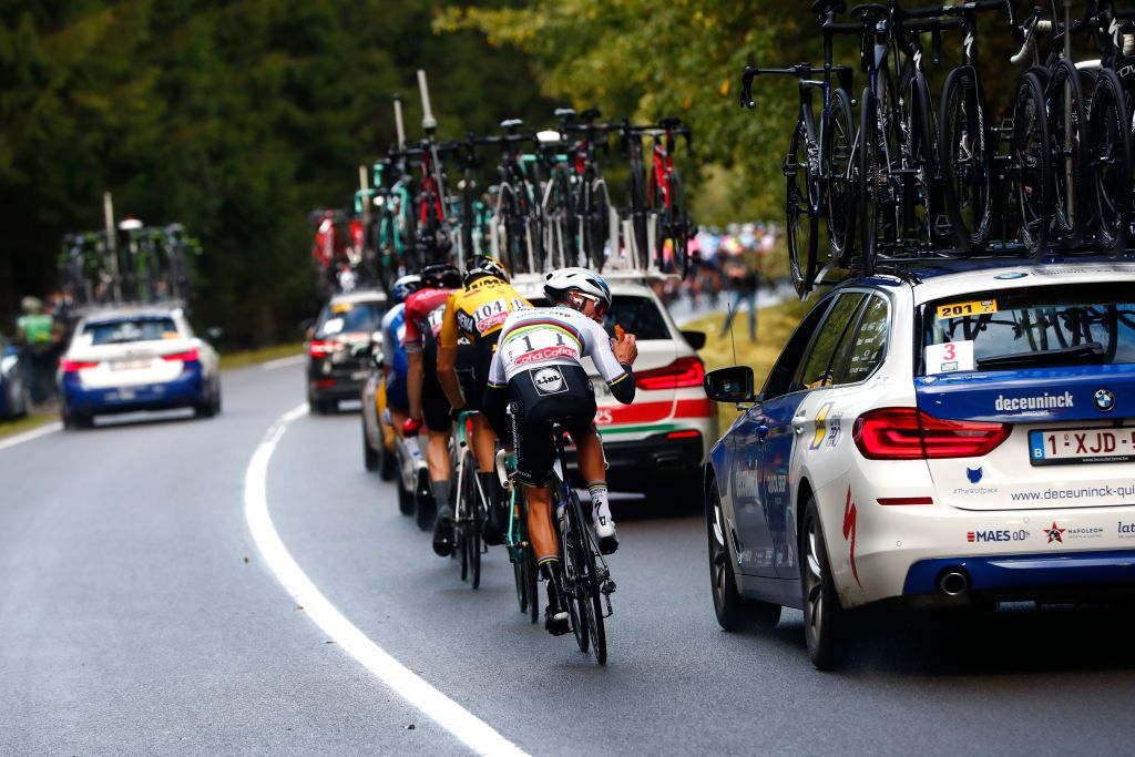 LIEGE BELGIUM OCTOBER 04 Julian Alaphilippe of France and Team Deceuninck QuickStep World Champion Jersey Feeding Car Feed Zone during the 106th Liege Bastogne Liege 2020 Men Elite a 257km race from Liege to Liege LBL classiquesardennes on October 04 2020 in Liege Belgium Photo by Bas CzerwinskiGetty Images