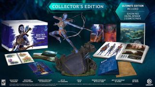 • Image showing everything you get when you purchase the Avatar: Frontiers of Pandora Collector's Edition video game. Includes: Collector's packaging with special artwork, resistance field notebook showing the wildlife of Pandora, certificate of authenticity, set of 3 lithographics of Pandora landscapes, a 35 cm Na'vi figurine (blue, tall and slim humanoid), premium steelbook, AMP suit blueprint (A2 format folded up), and an artbook of the video game.