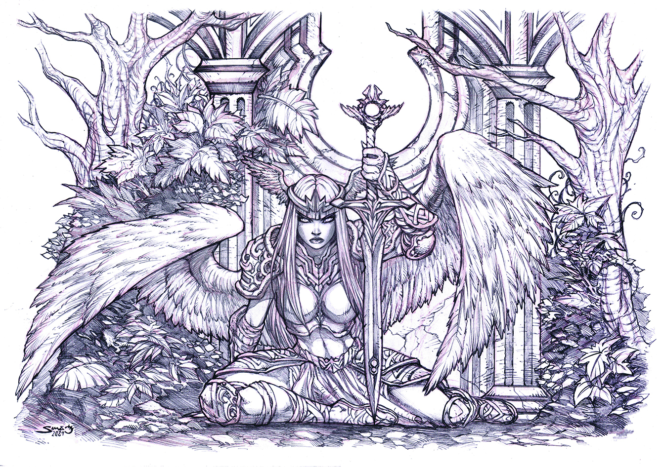 Pencil-drawn fantasy character art