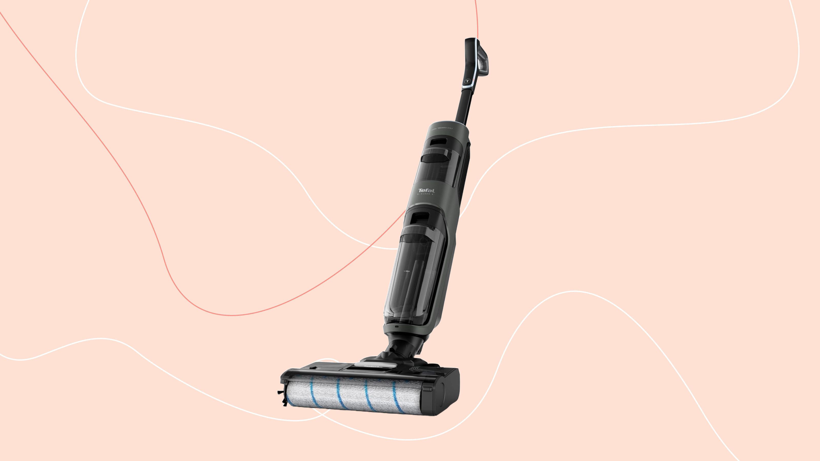 Tefal X-CLEAN 4 vacuum mop on a pink background