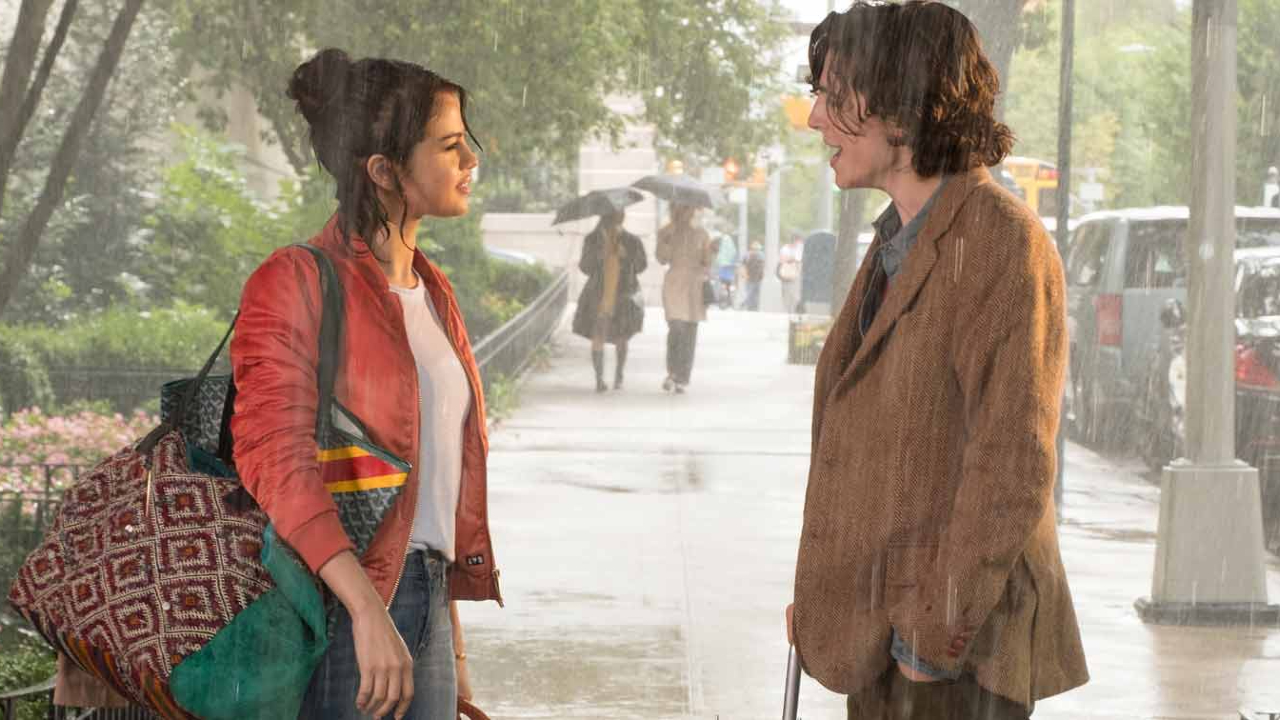 Selena Gomez and Timothée Chalamet on a rainy day in New York.