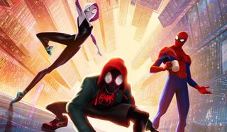 Spider-Man: Into The Spider-Verse Spider-Gwen Miles and Peter standing on a building