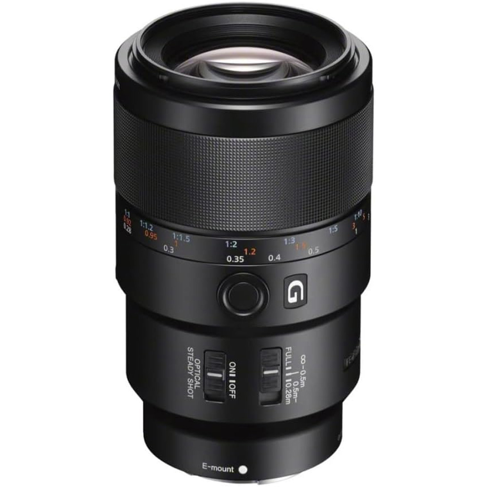 Sony FE 90mm F2.8 Macro G OSS lens on a white background