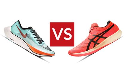 Nike ZoomX Vaporfly NEXT% vs ASICS Metaracer: Pictured here, The Nike ZoomX Vaporfly NEXT% on white background (left) and ASICS Metaracer on white background (right)