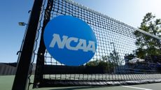 The NCAA logo is seen on a tennis net in Claremont, California.