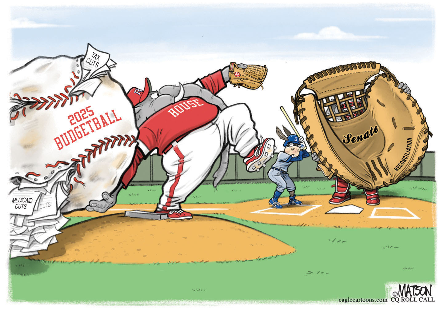 This editorial cartoon is set at a baseball game. The reader is behind the pitcher, who is an elephant labeled “House” holding a giant, overstuffed ball labeled “2025 Budgetball” Its seams are ripped and its overflowing with tax cuts and medicaid cuts. The batter at home plate is a donkey. The catcher is obscured by a giant mitt labeled “Senate.”