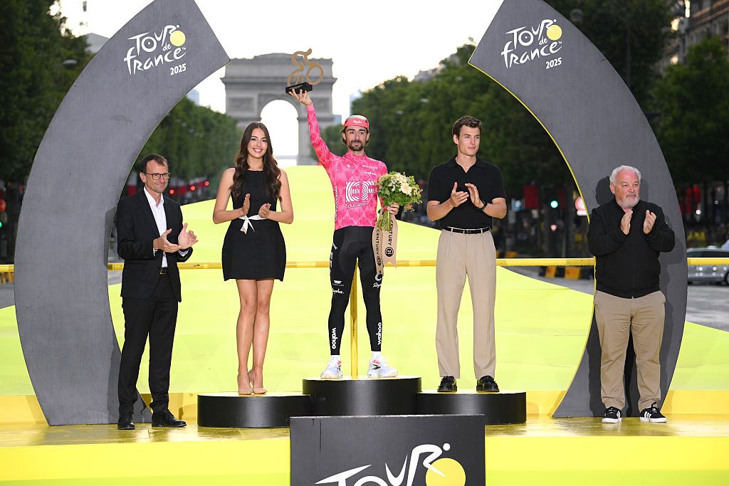 PARIS - CHAMPS-ELYSEES, FRANCE - JULY 27: Ben Healy of Ireland and Team EF Education - EasyPost celebrates at podium as most combative rider prize winner during the 112th Tour de France 2025, Stage 21 a 132.3km stage from Mantes-la-Ville to Paris - Champs-Elysees / #UCIWT / on July 27, 2025 in Paris - Champs-Elysees, France.