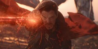 Doctor Strange (Benedict Cumberbatch) blasts red energy binds in Avengers Infinity War
