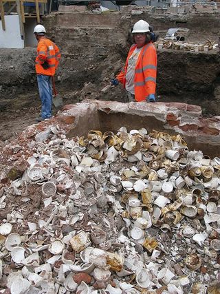 MOLA archaeologists discovered a large number of pots and jars at the Tottenham Court Road site.