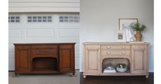 Vintage before and refinished wooden buffet after in front of garage doors