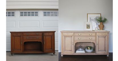 Vintage before and refinished wooden buffet after in front of garage doors