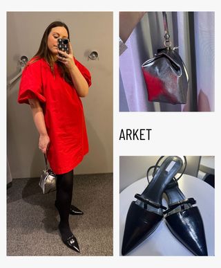 Woman wears red dress, black pointed shoes, metallic bag