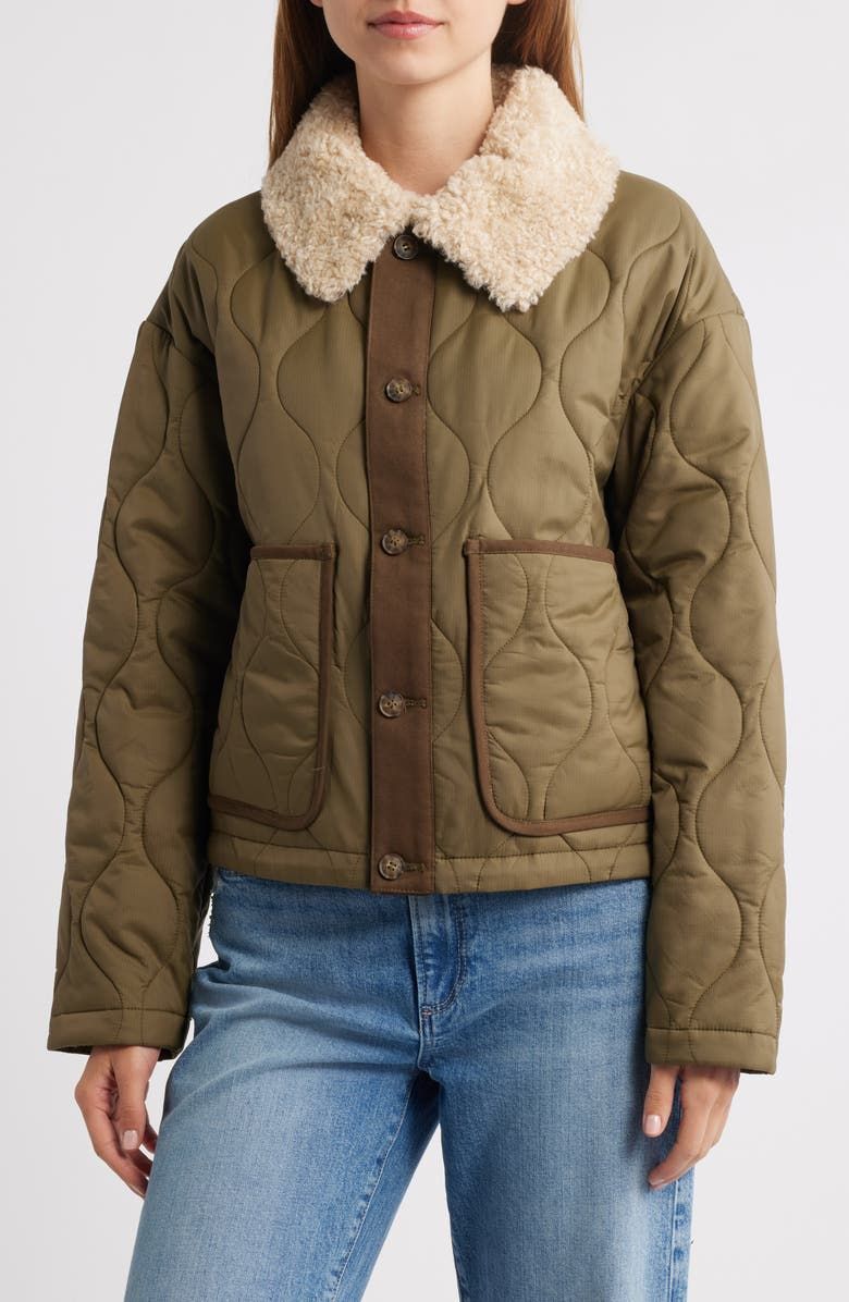 Quilted Crop Jacket With Faux Shearling Collar