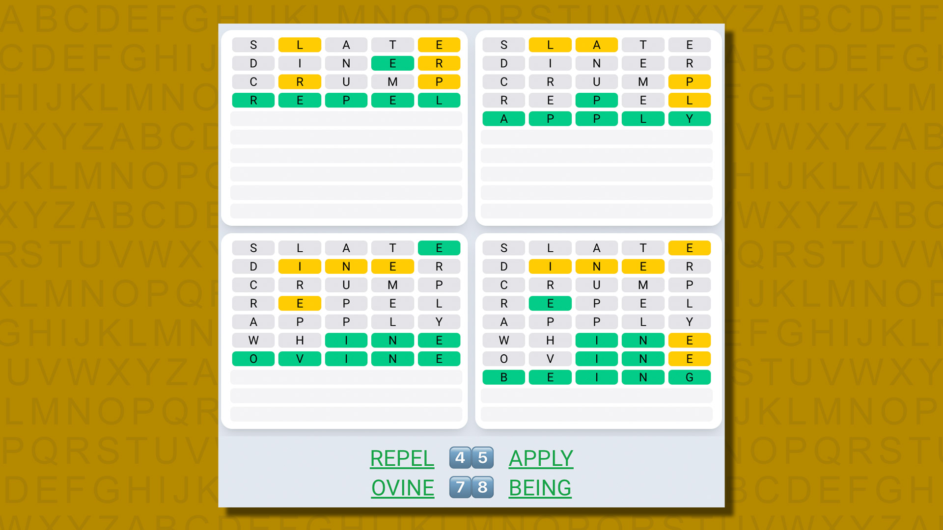 Quordle daily sequence answers for game 584 on a yellow background