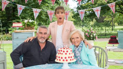 Great British Bake off judges, Paul Hollywood (L) and Mary Berry (R) seen with presenter Mel Giedroyc (centre) take part in a photoshoot as part of the 2016 Sport Relief special