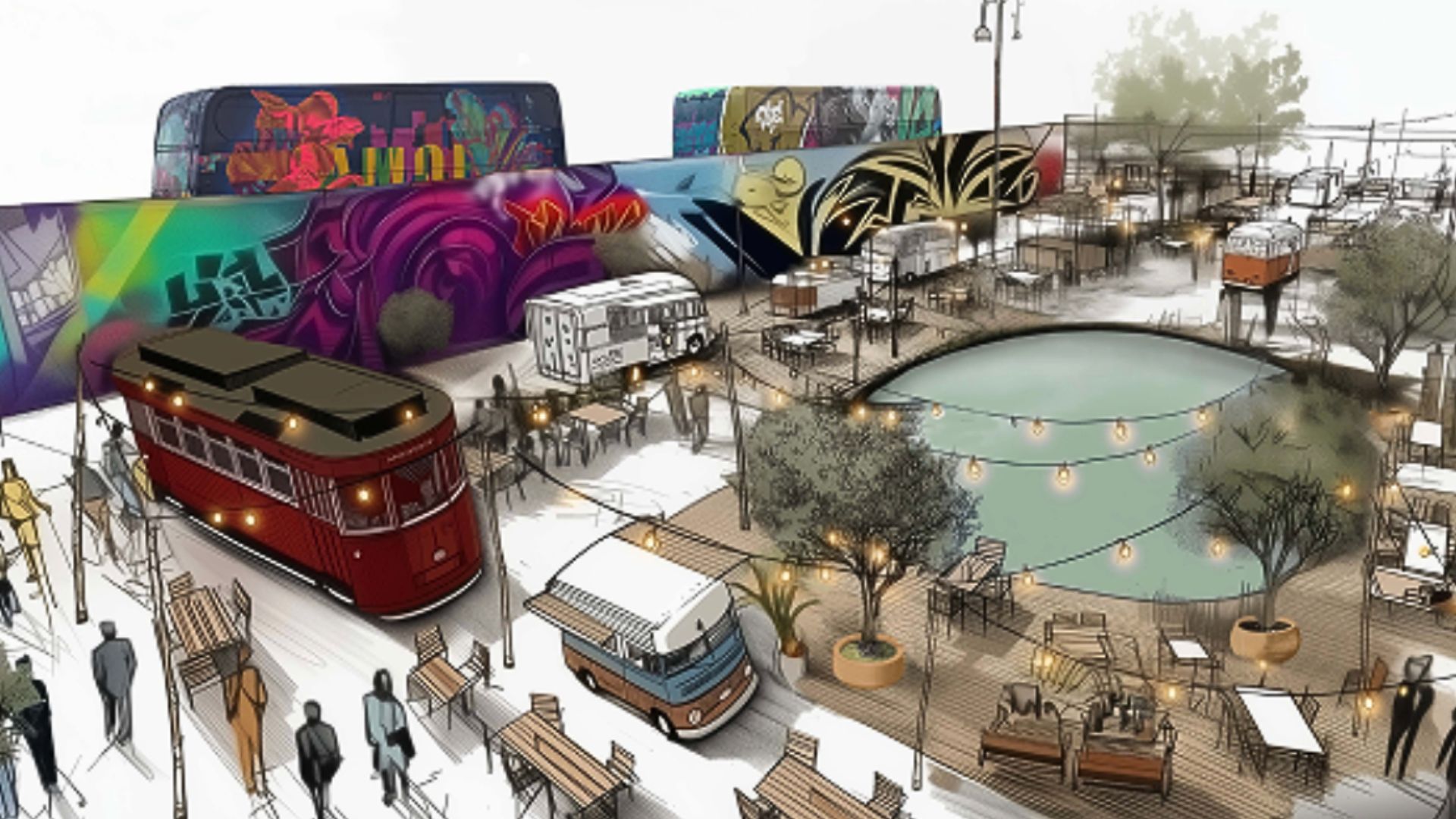an artist's rendering of the space at Stratford Junction with festoon lighting over a pool and food trucks around it