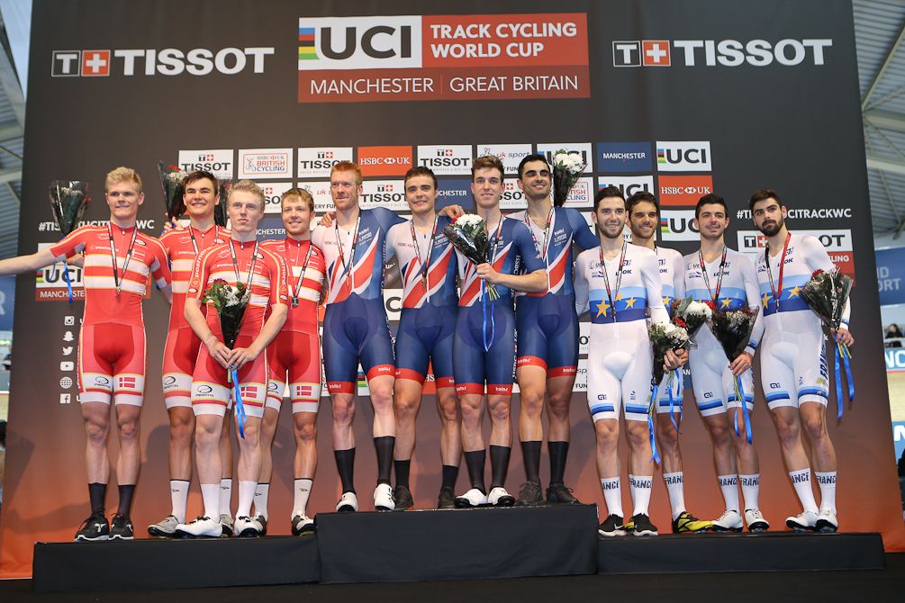 The victorious British team pursuit riders are flanked by runners-up Denmark and third-placed France.