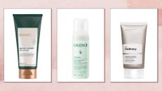 A selection of the best cleansers from brands including, Biossance, Caudalie and The Ordinary / in a pink watercolour, three-picture template