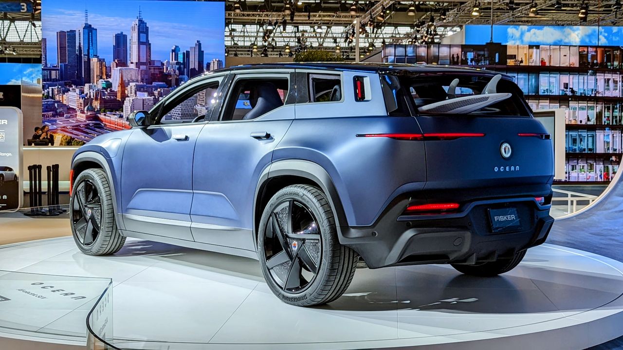 Rear view at an angle of the Fisker Ocean