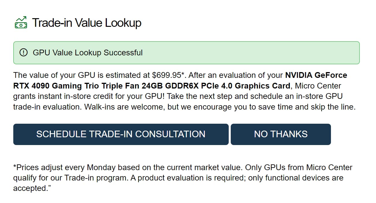 screenshot of gpu trade in value