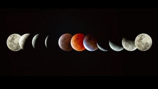 A series of gray circles of the moon imposed upon each other with a red circle in the middle showing a total lunar eclipse