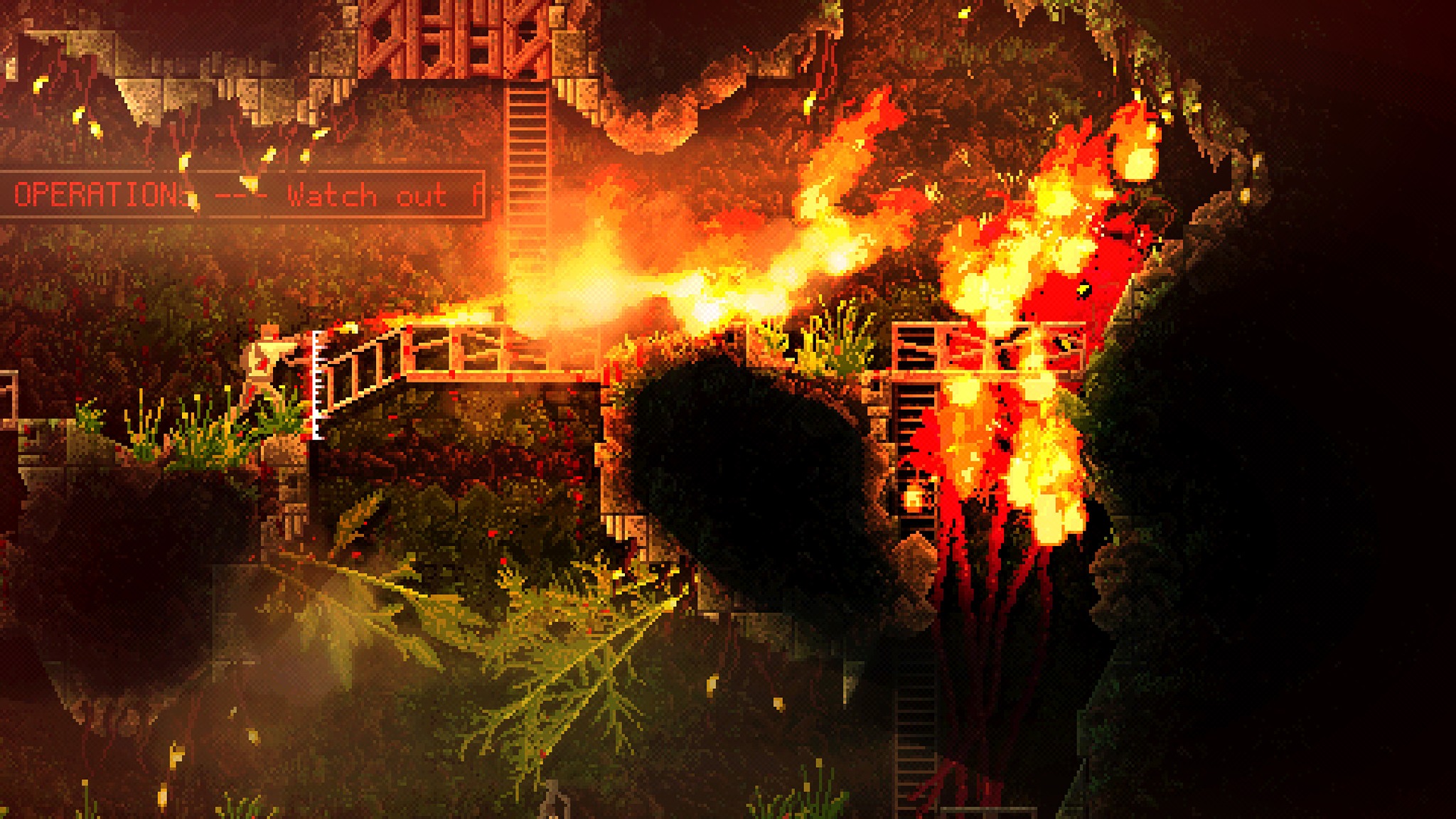 Promotional screenshot of a soldier burning the protagonist 'creature' with a flamethrower in Carrion