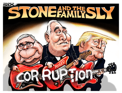 Political Cartoon U.S. Roger Stone Trump Barr Sly and the Family Stone