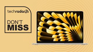 Apple MacBook Air M4 on yellow background with don't miss text overlay