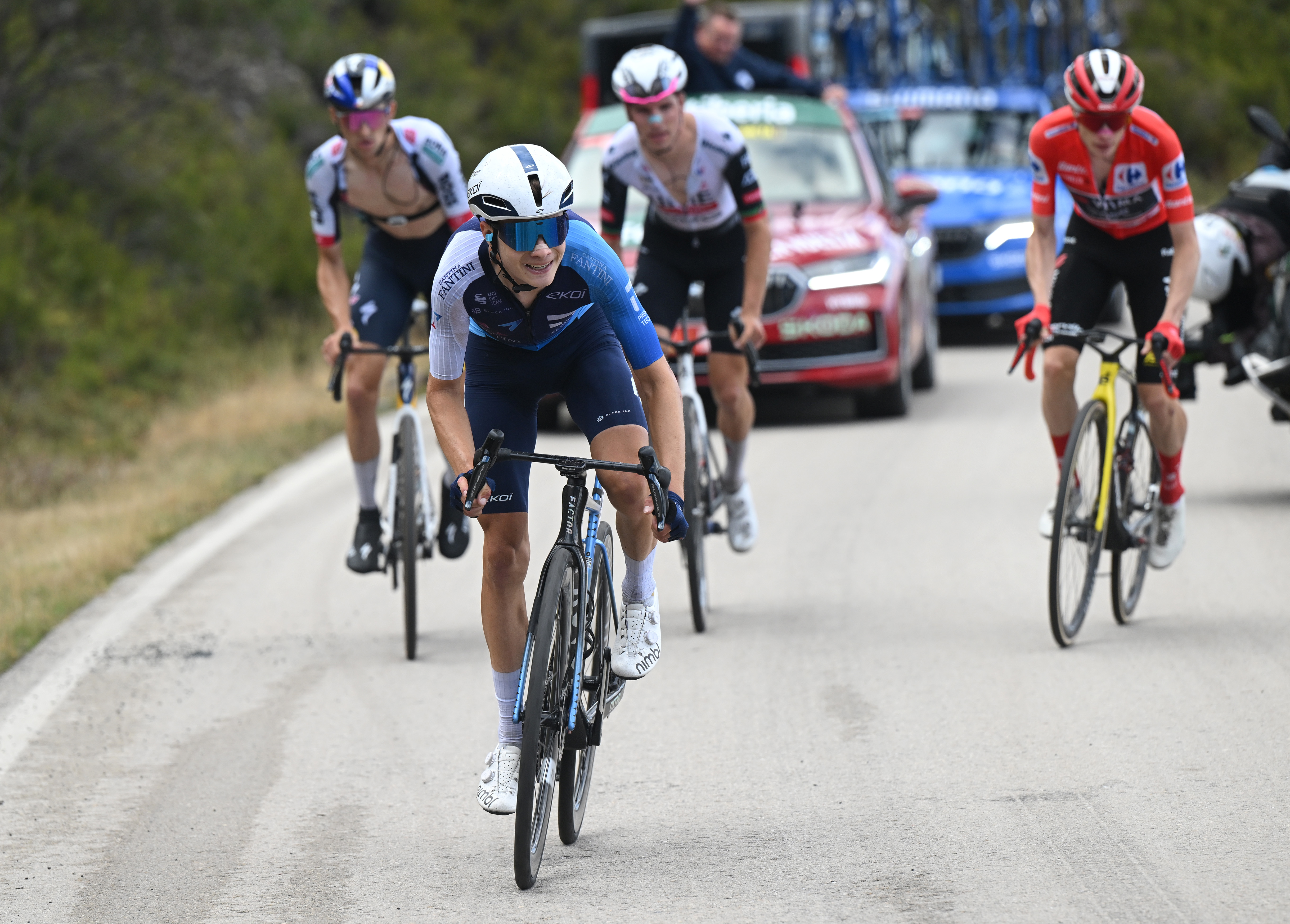 ALTO DE EL MORREDERO, SPAIN - SEPTEMBER 10: Matthew Riccitello of The United States and Team Israel - Premier Tech attacks in the breakaway during the La Vuelta - 80th Tour of Spain 2025, Stage 17 a 143.2km stage from O Barco de Valdeorras to Alto de El Morredero 1755m / #UCIWT / on September 10, 2025 in Alto de El Morredero, Spain. (Photo by Dario Belingheri/Getty Images)