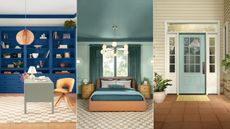 dark blue home office, teal blue bedroom, teal front door